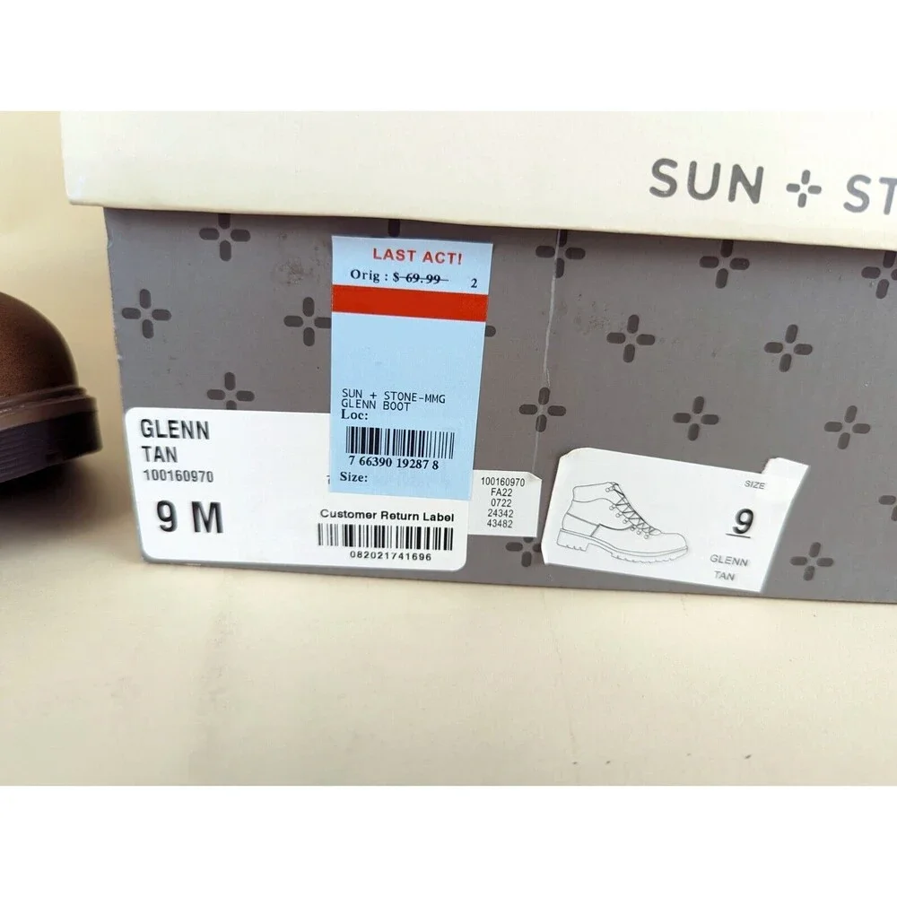 Sun Stone Glenn Lace Up Boots Mens 9 M Tan Faux Leather Fleece Shoes NWB